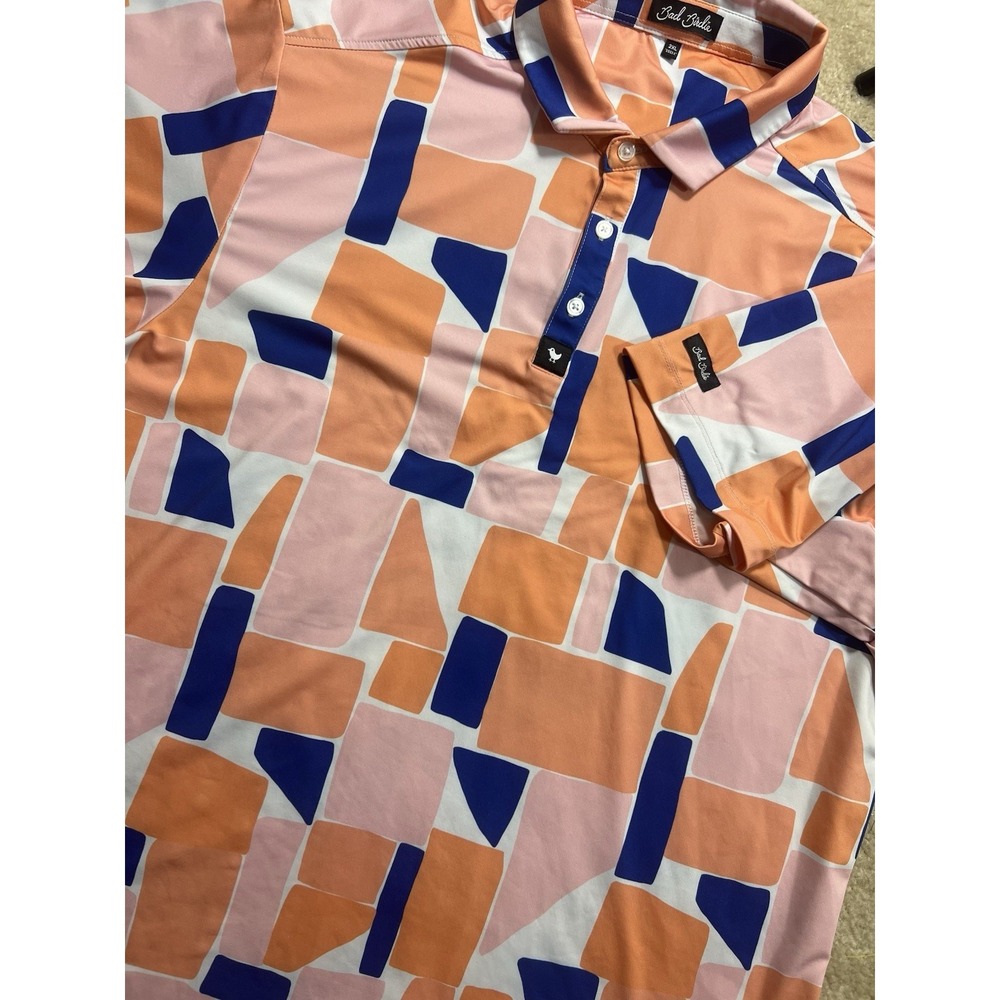 Bad Birdie Mens 2XL Geometric Abstract Performance Golf Polo Shirt Pink Orange